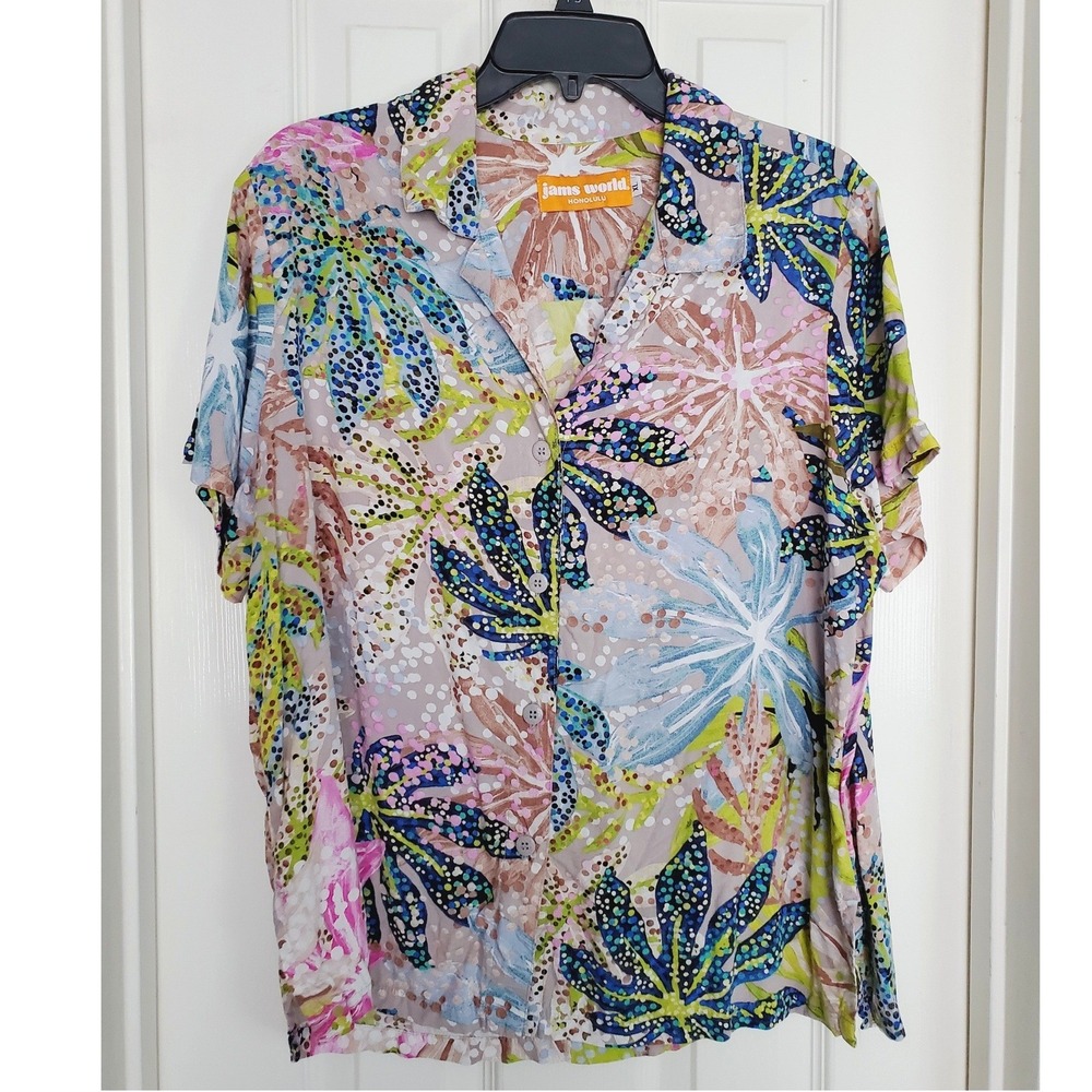 Rare Vtg Jams World Pastel Tropical Floral Colorful Sea Leaf‎ Button Up Shirt XL